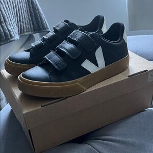 Veja woman’s  Black Sneakers with White Logo and Tan Sole- Velcro closure. Sz6